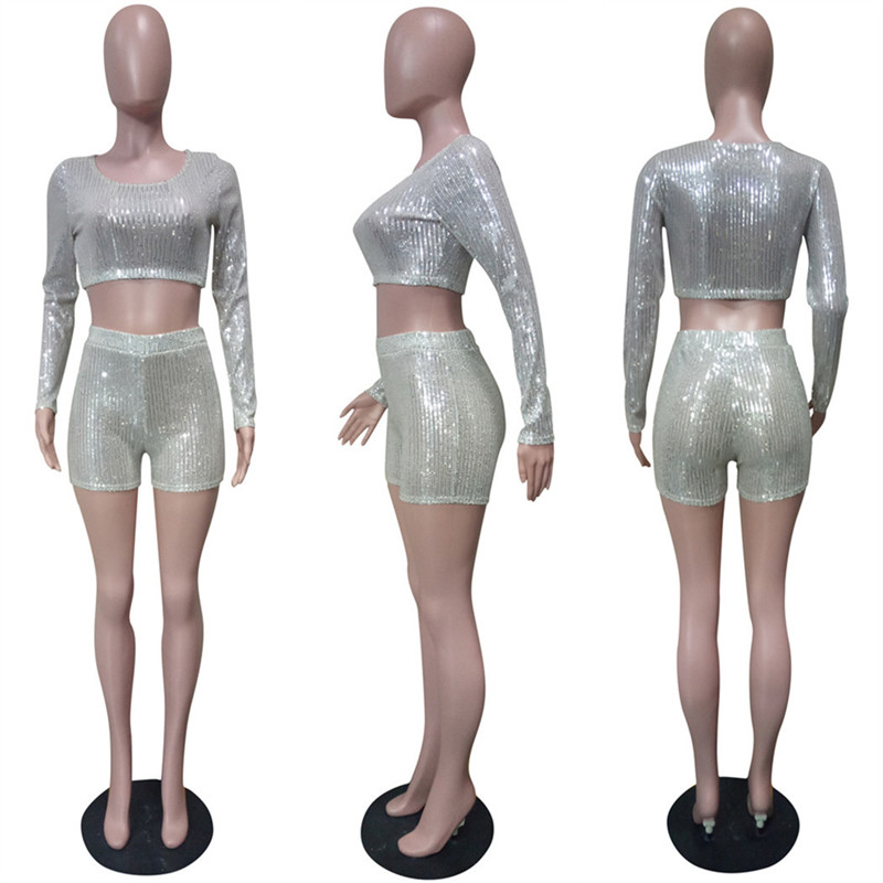 2024 Designer Tracksuits Two Piece Set Women Outfits Spring Sportswear Long Sleeve Shirt Crop Top and Shorts Casual Sequin Sweatsuits Wholesale Clothes 10526