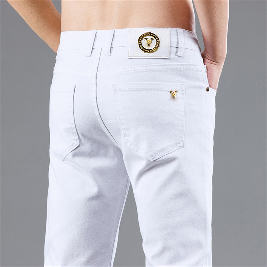 Мужские джинсы, летние легкие, роскошные высококачественные кожаные брендовые длинные брюки с металлическими пуговицами и карманами на молнии, модные эластичные прямые брюки для подростков