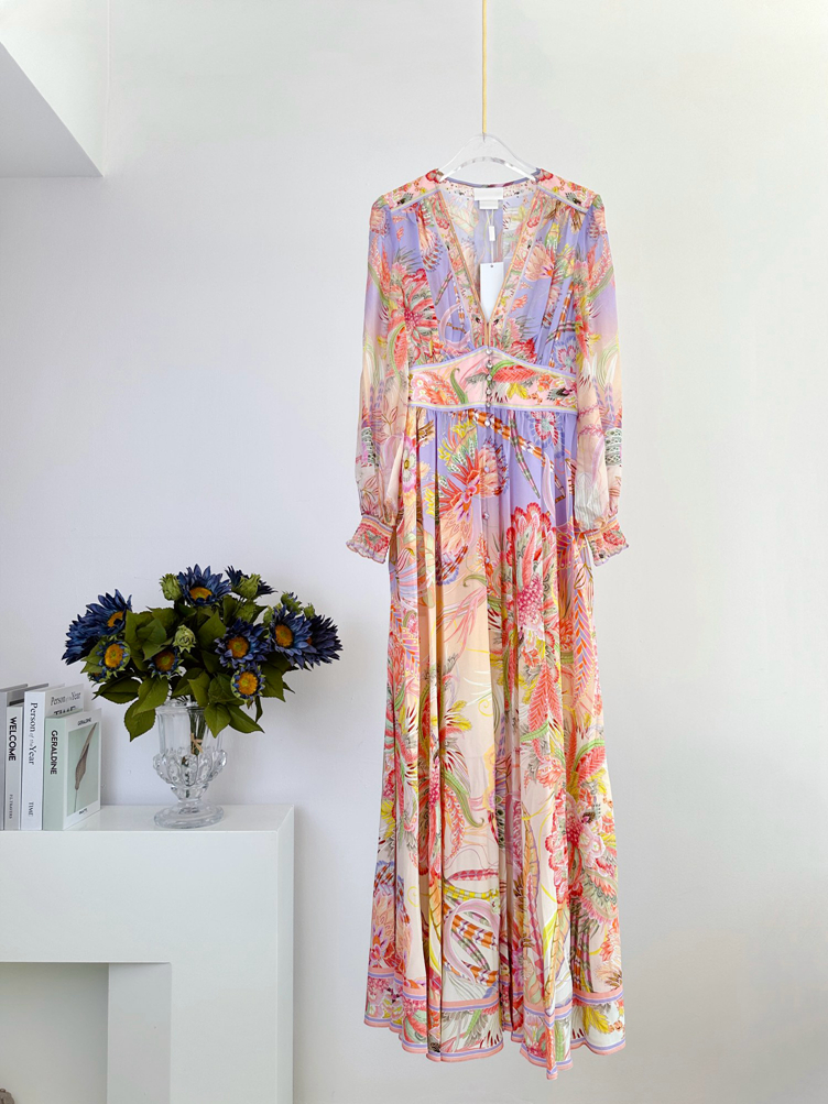 1.10 Boho Silk Floral Print Rhinestone V-ring Maxi Dress Women Semester Lykta ärm