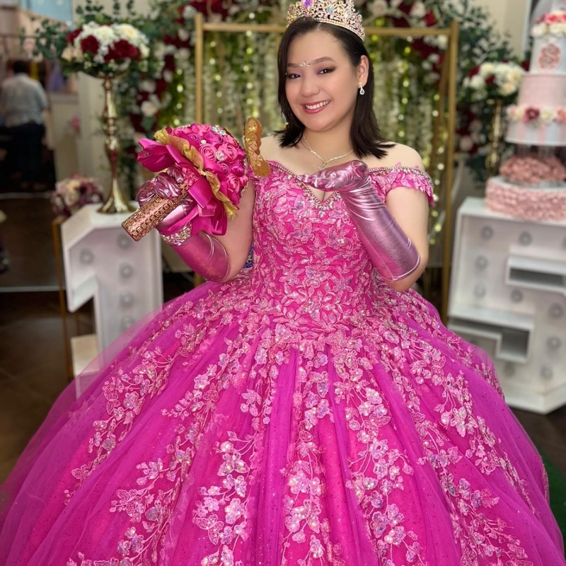 Розово-красное милое платье Quinceanera с блестящими кружевными аппликациями и бусинами Vestidos De 15 Anos Торжественное платье принцессы на день рождения