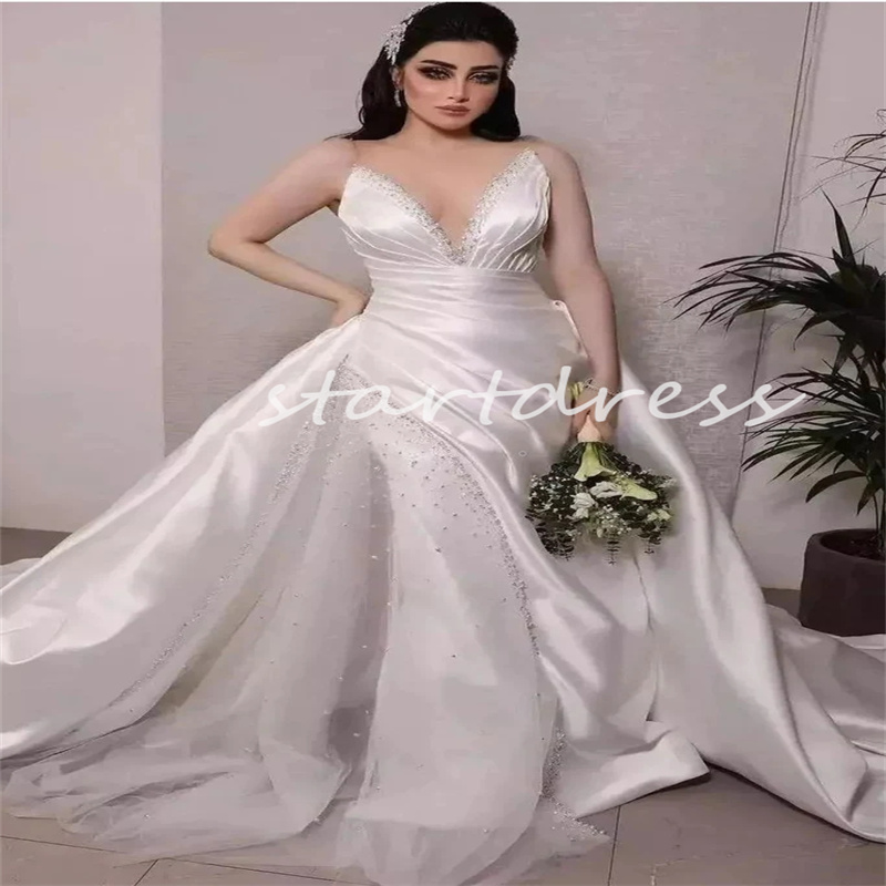 Lyxig arabisk dubai sjöjungfru bröllopsklänning sexig v nack pärlor kyrkan brudklänningar satin golvlängd elegant land brud klänning 2024 mantel de mariage prinsessan novias