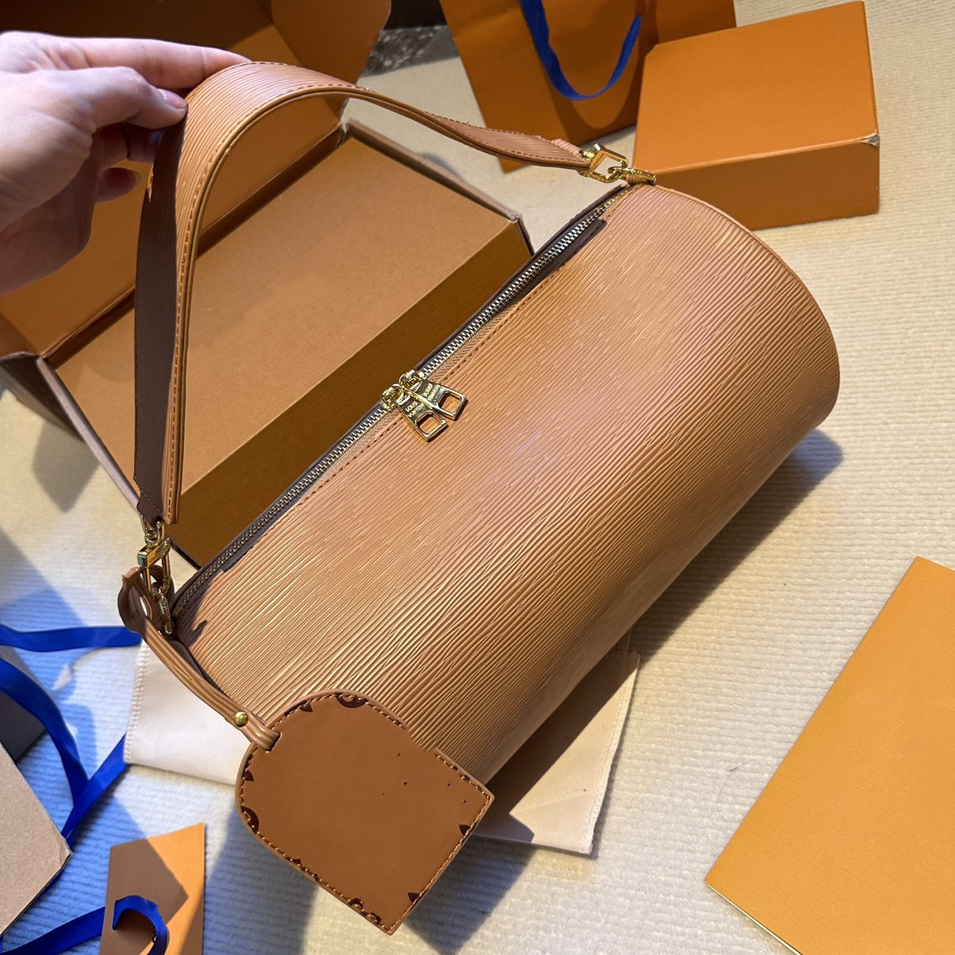 Bright Leather Luxurys Modern Classic Barrel-formad Crossbody Bag Leisure avtagbara handtag Justerbart tyg axelband mode shopping handväska resor