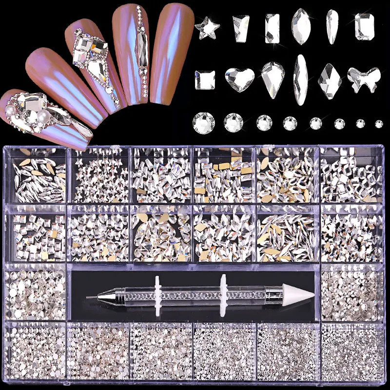 Box RedAB Color Nail Rhinestones Dotting Pen Flatback Crystal Multi Shape Nail Art Decoration Glass Stones 240109