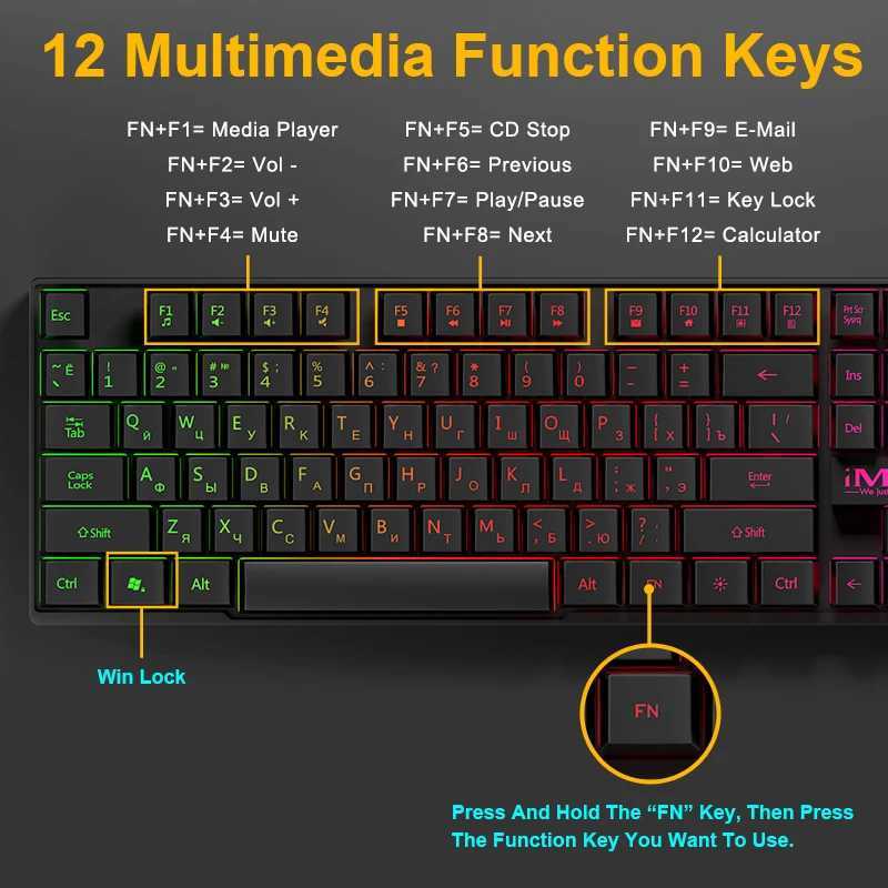 Keyboard Gaming Klawiatura Rosyjska EN Klawiatura RGB Klawiatura 104 Klawisze USB Klawiatura gracza Placza do tabletu Desktopl240105