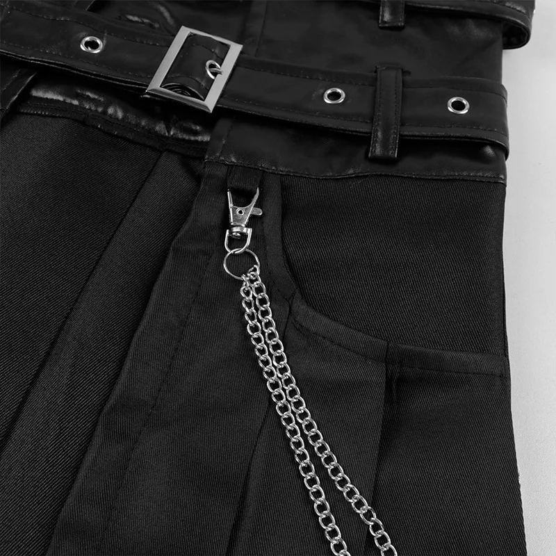 QNPQYX Punk Jupe Plissée Ouverte Devant Ceinture en Cuir Gothique pour Hommes Guerrier Romain Médiéval Kilt Chian en Métal Harujuku Vêtements Élégants