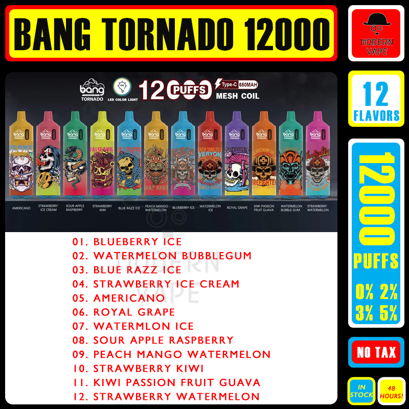 Puff 12K Original Bang Tornado Box 12000 Puffs Disposable Vape Pen Vaporizers 12 Flavors Bangvapes Mesh Coil Electronic Cigarettes LED Lights 0% 2% 3% 5% 9000 in stock