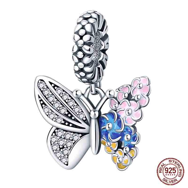 Fiore rosa cz argento sterling 925 farfalla olio tallone fascino adatto pando plata de ley 925 braccialetto gioielli fai da te regalo