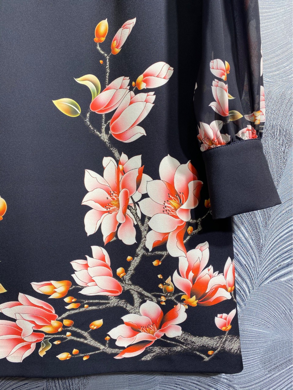 2024 Spring Floral Print Dress Black Long Rleeve Lapel Szyjka Kolanowe Dokładne sukienki T3J031512