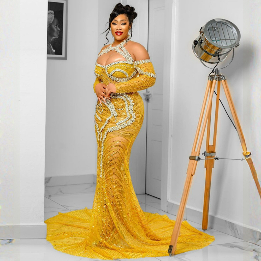 Żółte ASO EBI Sukienki na studniówkę w rozmiarze Plus Halter Rehinestones Mermaid Formalny suknia wieczorowa na Nigeria Kobiety Specjalne okazje urodzinowe sukienki przy imprezie Suknie NL438