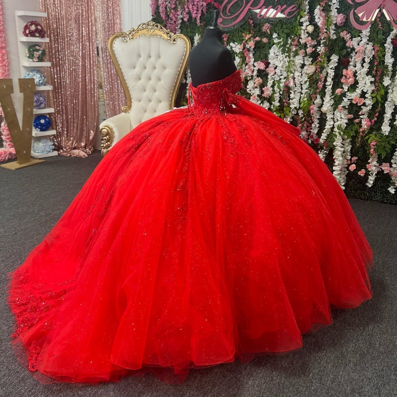 Robe De Quinceanera rouge brillant, robe De bal en dentelle appliquée, manches longues, tulle en cristal, douce 15 robes De XV Anos