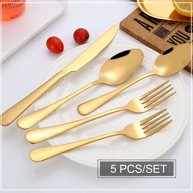 5 PçsConjunto de Talheres de Ouro Talheres de Aço Inoxidável Conjunto de Talheres Louça Ocidental Garfo Dourado Colher Bife Utensílio de Cozinha W0169