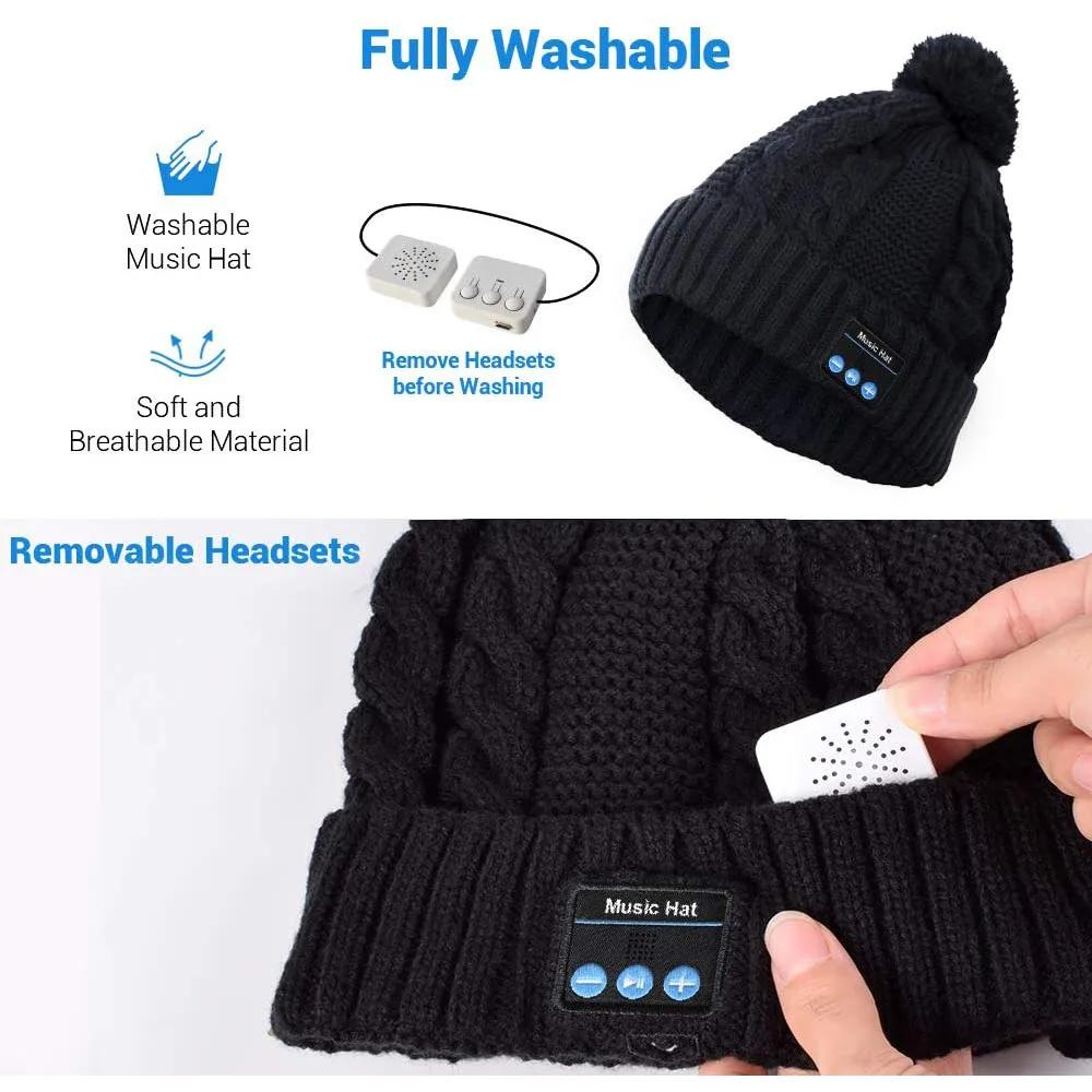 Haut-parleurs Bluetooth Bonnet Bluetooth Pom Bonnet en tricot doux Haut-parleurs intégrés Microphone pour l'hiver Fitness Sports de plein air