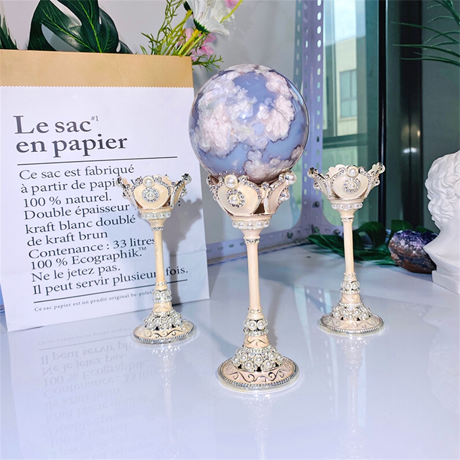 Enamel Colored Pearl Zircon Inlaid High Foot Cup Ball Base New Design Goblet Shape Metal Crystal Ball Holder Stand Sphere Base Home Decoration To Send Friends Family