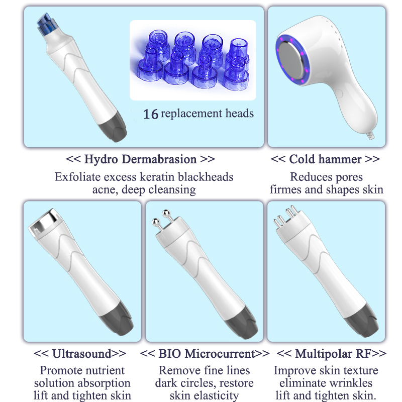 Profissional hidro microdermoabrasão máquina acne terapia ultra-sônica face lift bio casca facial martelo frio anti idade sistema de beleza rf 5 alça