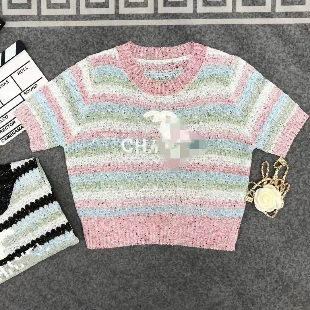 Women's o-neck short sleeve rainbow color stripe knitted letter embroidery sweater tees SML