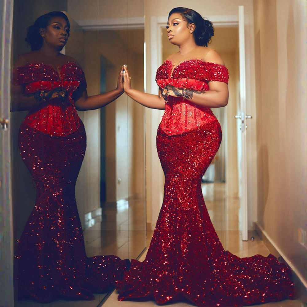 Plus Size Aso Ebi Prom Dresses Sheer Neck Off Shoulder Sequined Lace Mermaid Formal Evening Dress for Nigeria Women Special Occasions Birthday Party Dress Gown NL440