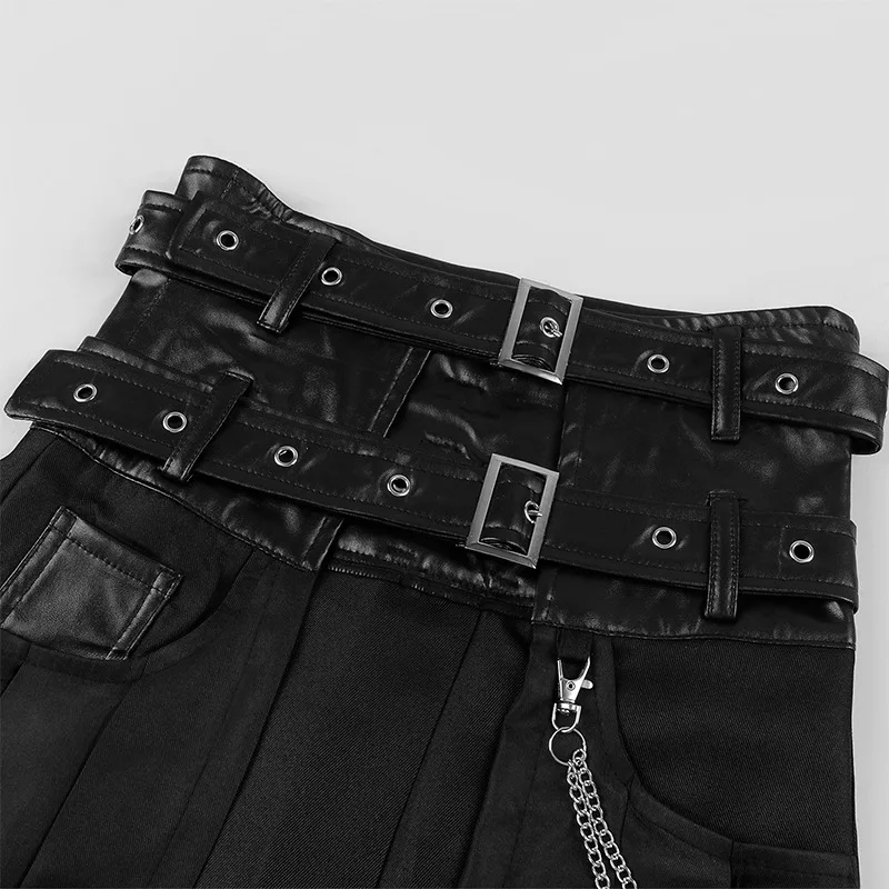 QNPQYX Punk Jupe Plissée Ouverte Devant Ceinture en Cuir Gothique pour Hommes Guerrier Romain Médiéval Kilt Chian en Métal Harujuku Vêtements Élégants