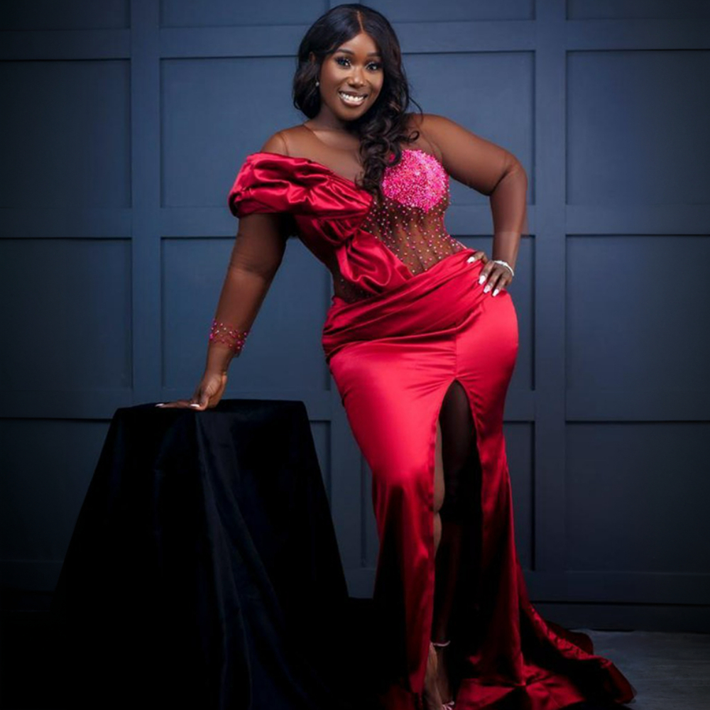 Aso Ebi Prom Dresses Red Sheer Neck Beaded Elastic Satin High Split Evening Dresses Elegant for African Arabic Nigeria Black Women Second Reception Dress AM367