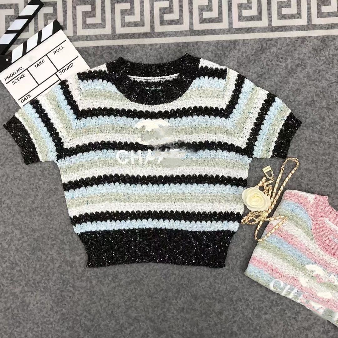 Women's o-neck short sleeve rainbow color stripe knitted letter embroidery sweater tees SML