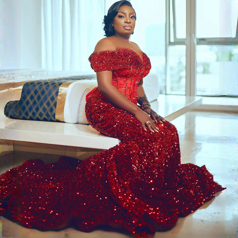 Plus Size Aso Ebi Prom Dresses Sheer Neck Off Shoulder Sequined Lace Mermaid Formal Evening Dress for Nigeria Women Special Occasions Birthday Party Dress Gown NL440