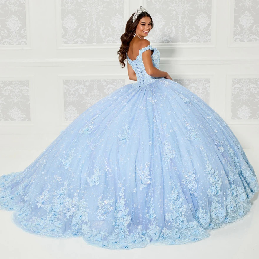 Sky Blue Off the Shoulder Appliques Lace Quinceanera Dress Sweet 16 Vestidos de Birthday Party Ball Ball Gowns Pärled Custom Made YD