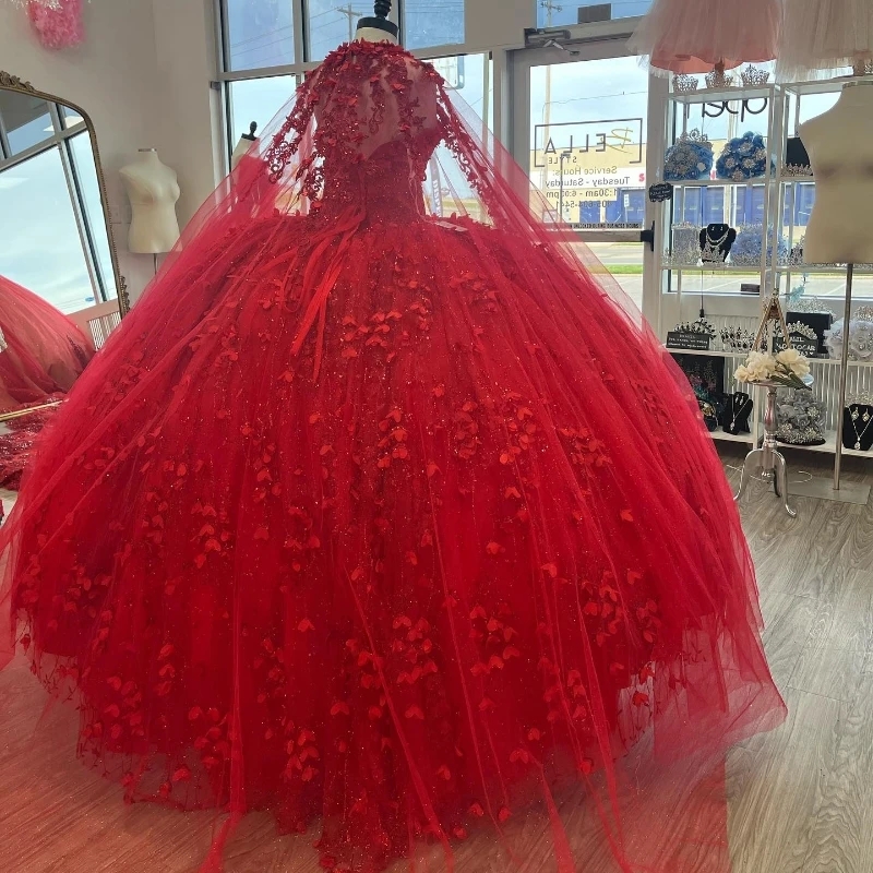 Red Shiny Princess Quinceanera Dresses With Cape Handmade Floral Applique Beads Lace-up Corset Prom Vestidos de 15 anos