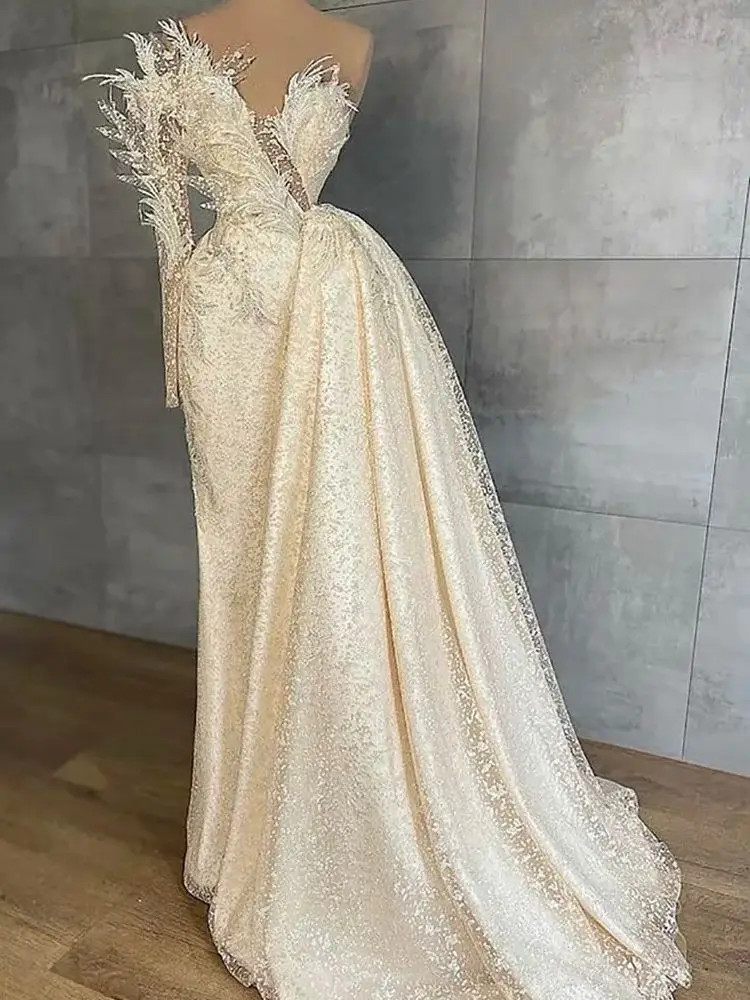 One Shoulder Applique Evening Dresses Saudi Arabia Detachable Train Formal Dress For Women Prom Gowns Celebrity Robe De Soiree