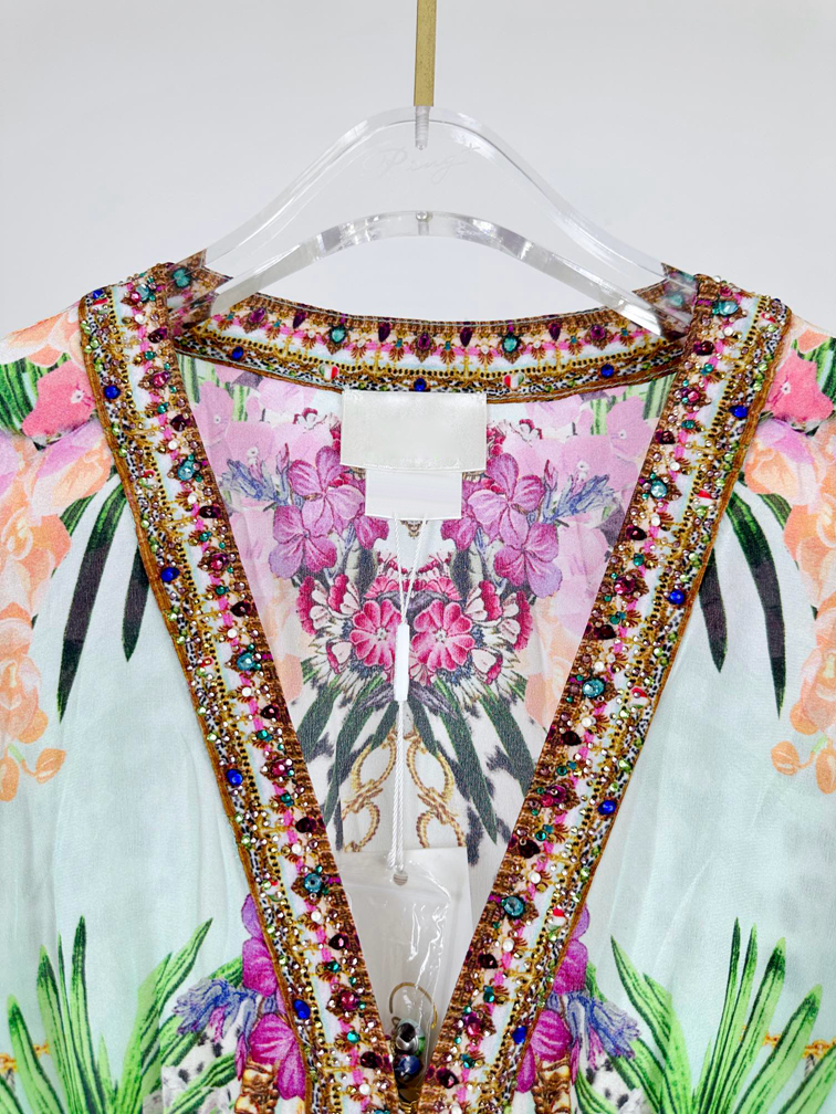 1.10 Vintage elegante zijden bloemenprint Kristal strass decoratie V-hals Lantaarnmouwen Cascading Ruffle Vakantie mini-jurk