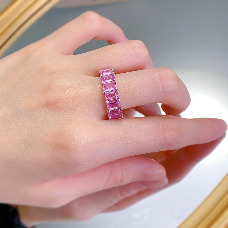 Eternity Emerald Cut Pink Diamond Ring 100% Real 925 Sterling Silver Party Wedding Band Rings for Women Men Engagement Jewelry