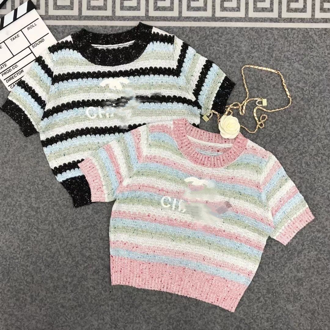 Women's o-neck short sleeve rainbow color stripe knitted letter embroidery sweater tees SML