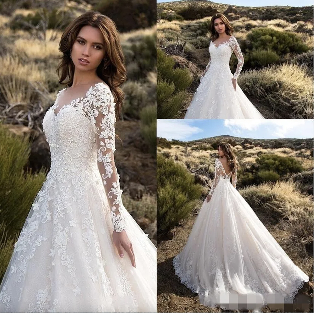 2024 Skromne długie rękawy A Line Suknie ślubne V Koronki Koronki Zastosowany Train Plus Size Wedding Bride Suknia Vestido de Novia