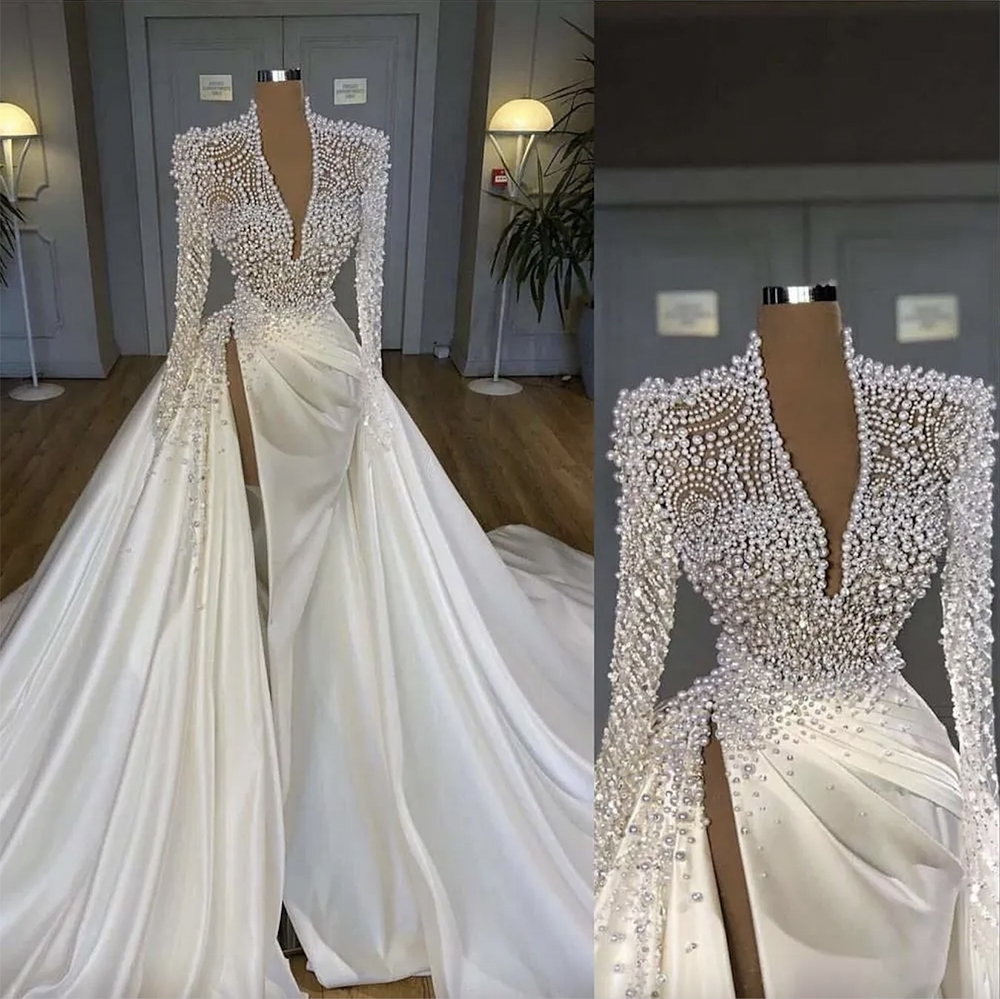 Illusion Pearls Crystal Country Wedding Dresses 2024 African Long Sleeve Side Split Arabic Satin Church Garden Bridal Reception klänningar Robe de Mariee