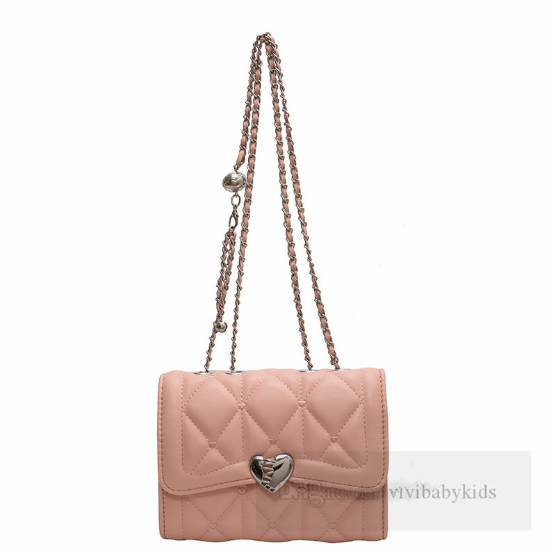 Children diamond lattice quilted handbags girls metals love heart buckle chain single shoulder bag lady style kids PU leather messenger bags Z6622