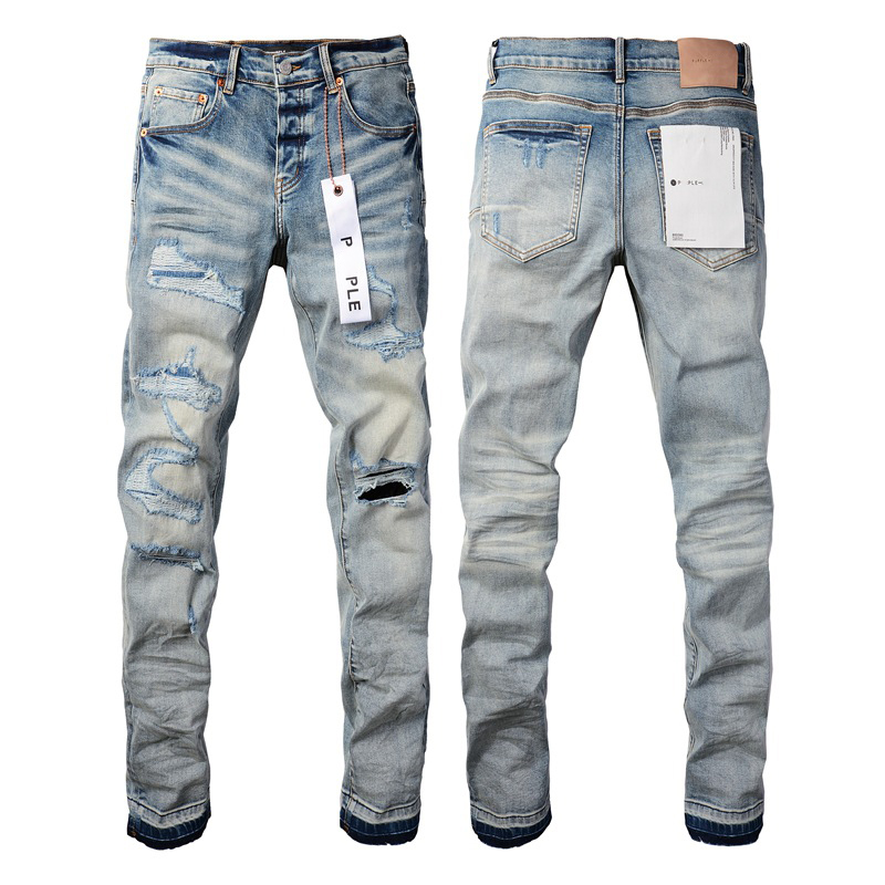 Designer jeans High street Vintage Style Verfinkt blauwe patches broek kniegaten ontwerp gepersonaliseerde veelzijdige gebroken stretch jeans voor heren
