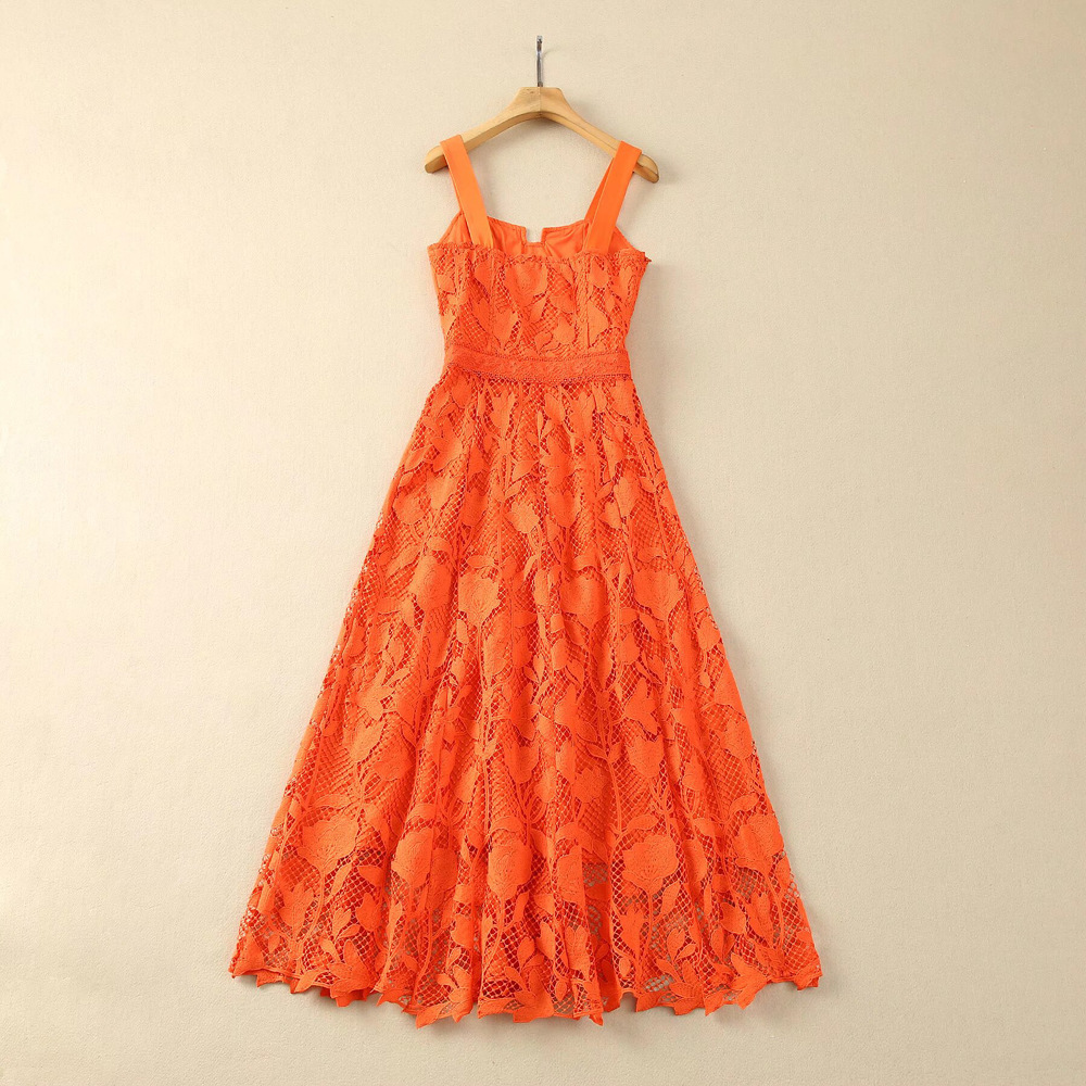 2024 Spring Orange Solid Color Dress Sleeveless Slash Neck Midi Casual Dresses A4J09