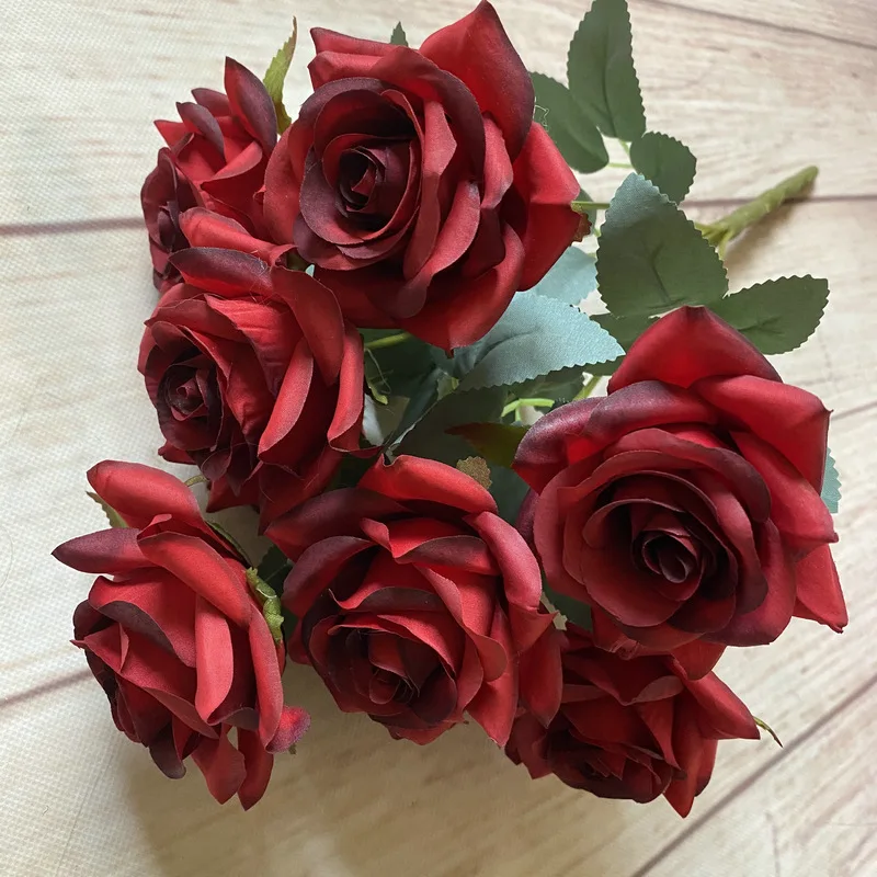 Boquqet – roses artificielles en soie, 9 têtes, décoration de mariage, Bouquet de mariée, événement de mariage, fête, décoration intérieure de la maison, fausses fleurs de roses