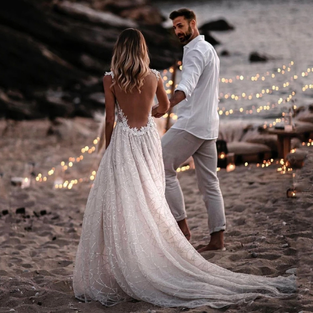 Superbe robe de mariée exquise pour femme, col en V, bretelles Spaghetti, dos nu, avec des appliques en dentelle, sur mesure, 2024