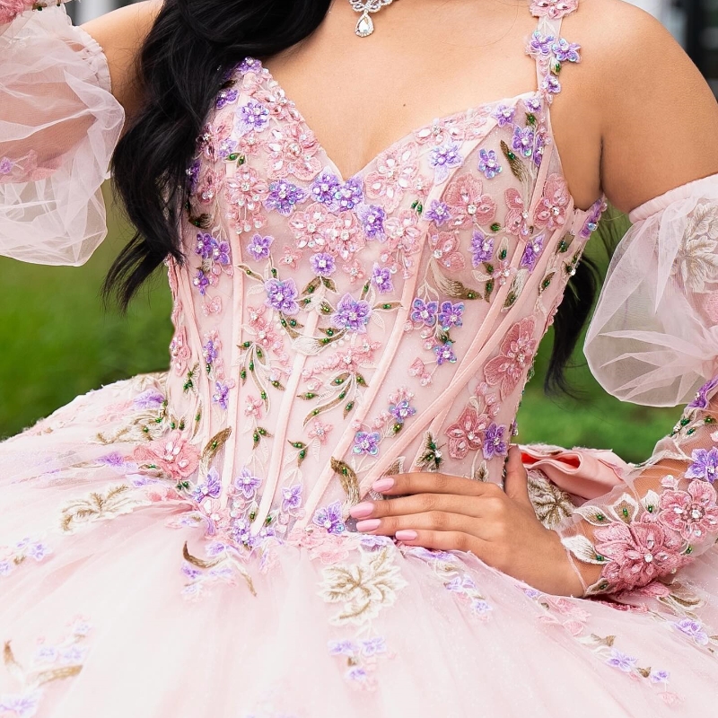 Magnifiques robes de Quinceanera roses pour 15 ans, robe de bal sexy, col en V, épaules dénudées, avec des appliques en dentelle, longue robe de soirée pour filles, 2024