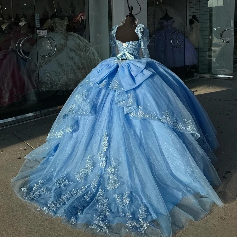 Mexican Sky Blue Off The Shoulder Ball Gown Quinceanera Dress Beaded Lace Appliques Long Sleeved Birthday Gowns Sweet 16 Dress