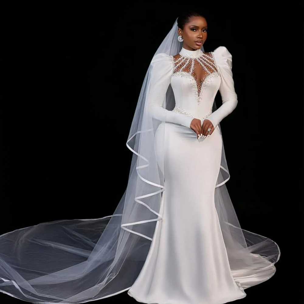 Abito da sposa a sirena la sposa Abito da sposa africano arabo taglie forti Sirena collo alto maniche lunghe abiti da sposa illusione di perline matrimonio NW005