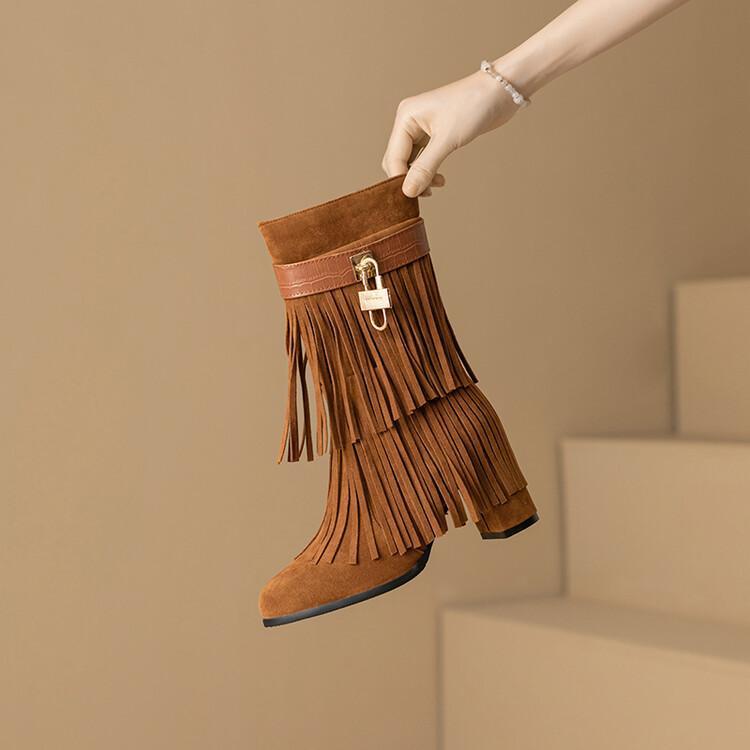 Frosted Tassel Boots High Heeled Mid-Calf Boots Thick Heeled Women's Boots Autumn and Winter