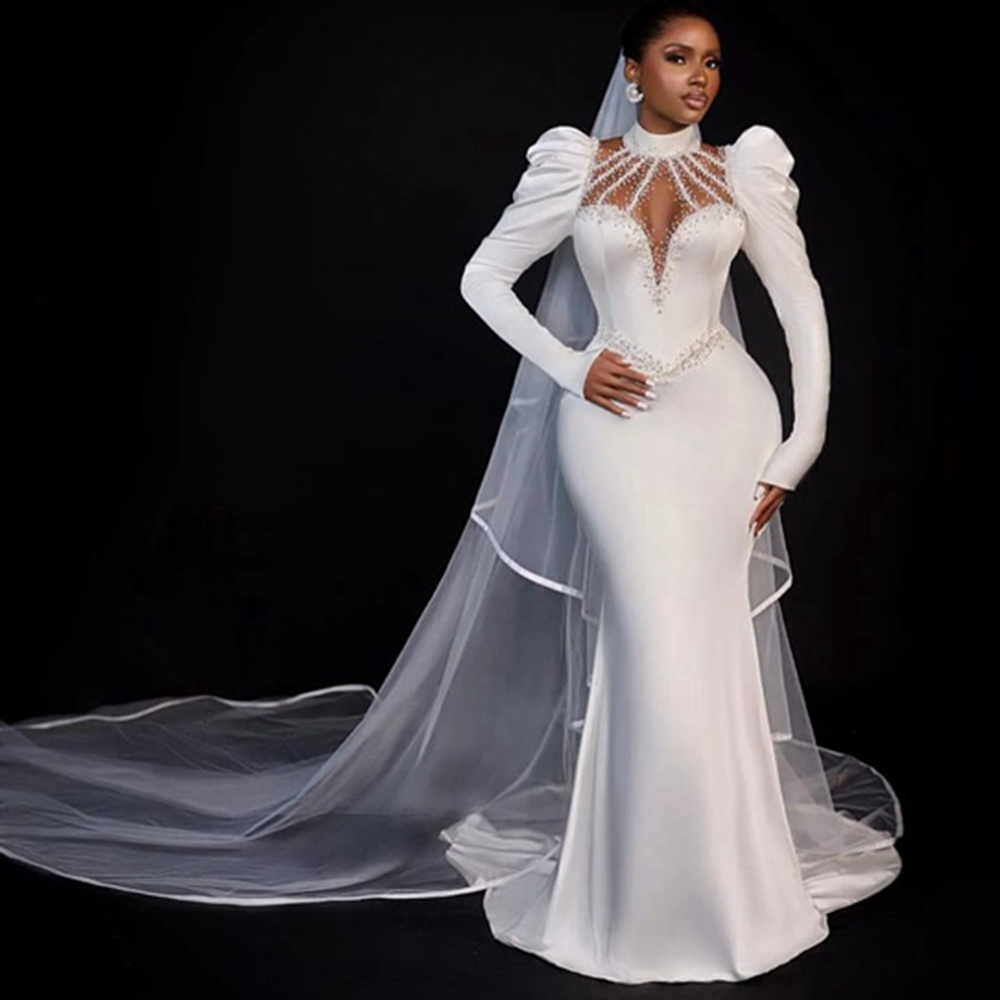 Abito da sposa a sirena la sposa Abito da sposa africano arabo taglie forti Sirena collo alto maniche lunghe abiti da sposa illusione di perline matrimonio NW005