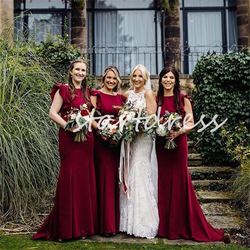 Élégante robe de demoiselle d'honneur rose bordeaux avec manches volantées Boho sirène satin dos nu robe d'invité de mariage 2024 balayage train plage soirée robe de bal robes de soirée