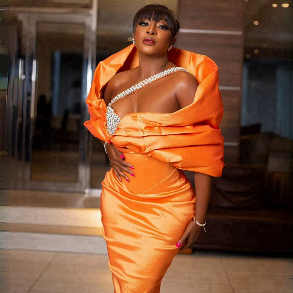 Orange Satin Prom Dresses for Black Women Nigeria African Beaded Mermaid Evening Dresses Elegant Birthday Party Dress Second Reception Gowns Dinner Gown NL488