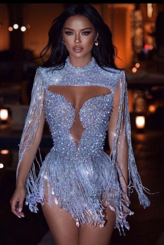 Sparkly Cocktail Evening Dresses Sequined Tassels Prom Dress Shiny Mermaid High Collar Plus Size Club Wear Custom Made Special Occasion Dresses