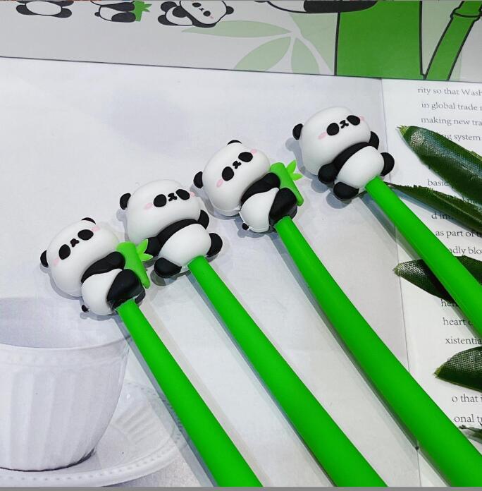 Caneta de gel em forma de panda de silicone, caneta de assinatura de bambu com cola macia de desenho animado, lápis propulsor de papelaria para estudantes, sem caixa de exibição