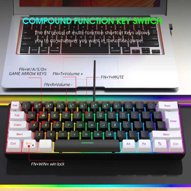 Klawiatury przewodowa klawiatura gier i myszy kombinacja 61 Klawisz Rainbow -Clowl Klawiatura z klawiszami multimedialnymi dla systemu Windows PC GamersL240105