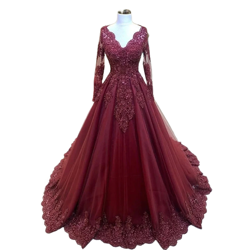 Elegant Burgundy Long Sleeves Evening Dresses V-Neck Tulle A Line Formal Occasion Dress Lace Appliques Beaded Arabic Prom Gown