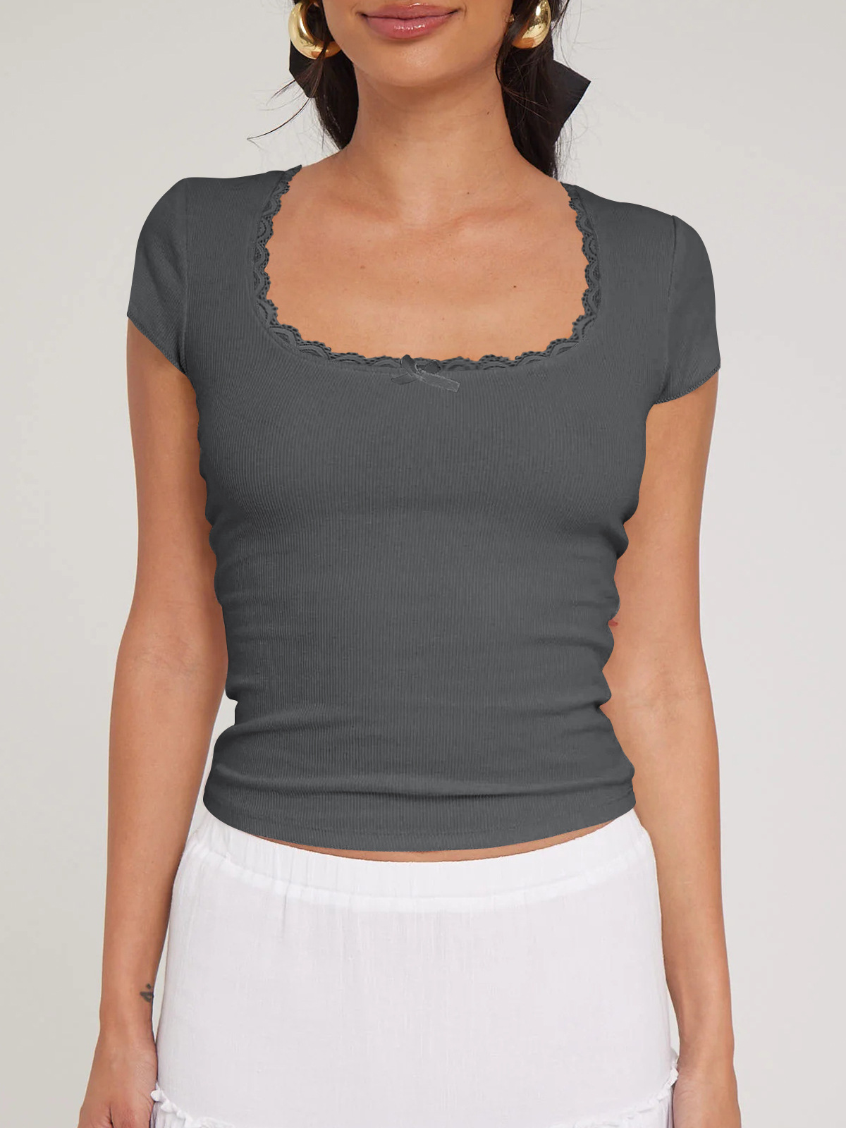 Sexy Lace Short-sleeved T-shirt Light Women's Y2K Clothes U-neck Top