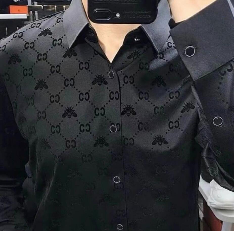 メンズドレスカジュアルシャツ高級ハイエンドスリムシルクTシャツ長袖カジュアルビジネス服格子縞のブランドメンズカジュアルシャツ